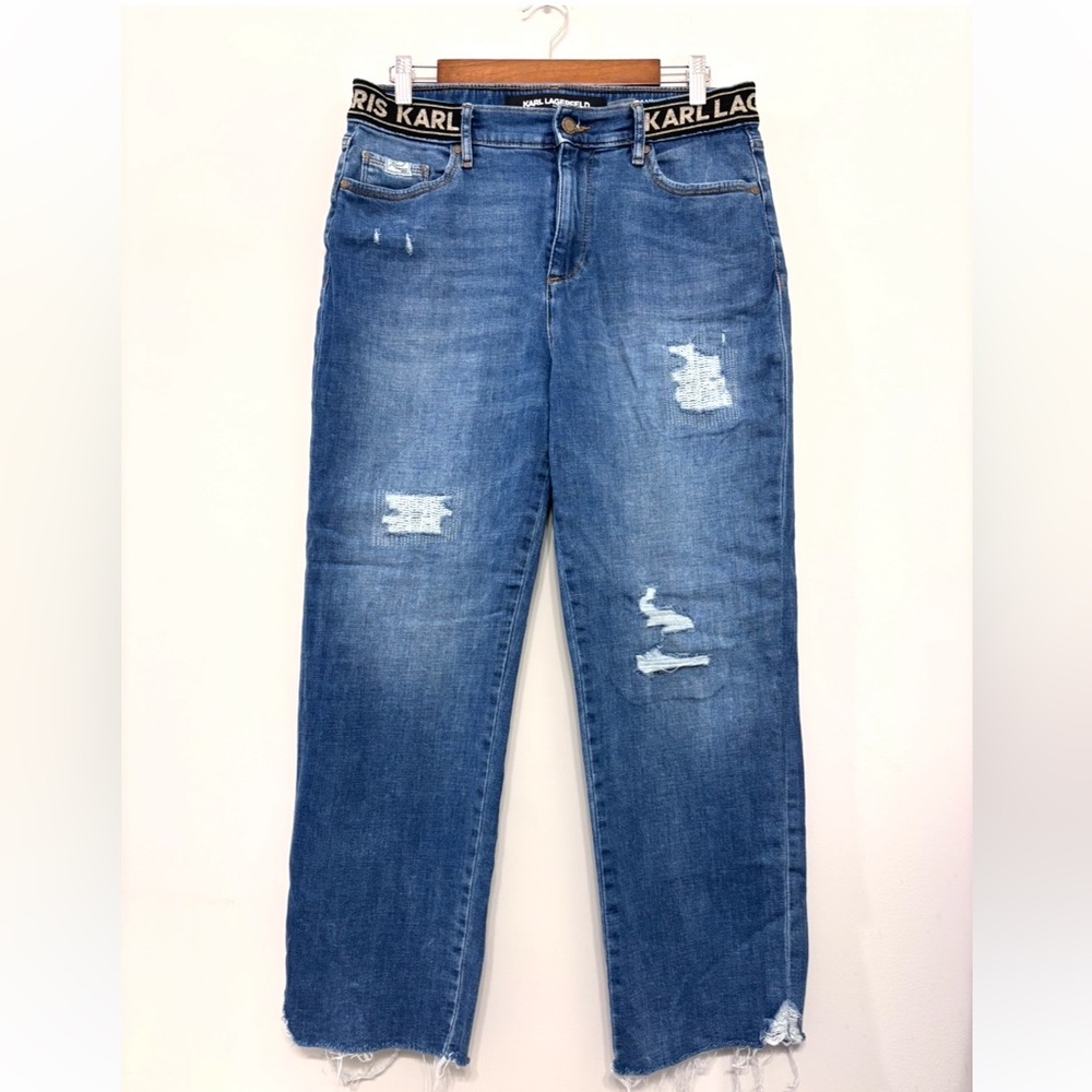 Karl Lagerfeld Paris Cannes Straight Jeans High Rise Distressed Patches Women 10